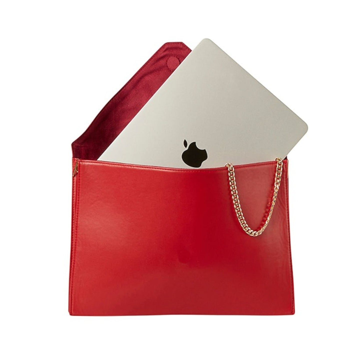 Shop Sarah Stewart red vegan leather laptop clutch with gold chain strap and magnetic closure holding a laptop