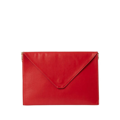 Shop Sarah Stewart red vegan leather laptop clutch with an envelope flap and gold chain strap