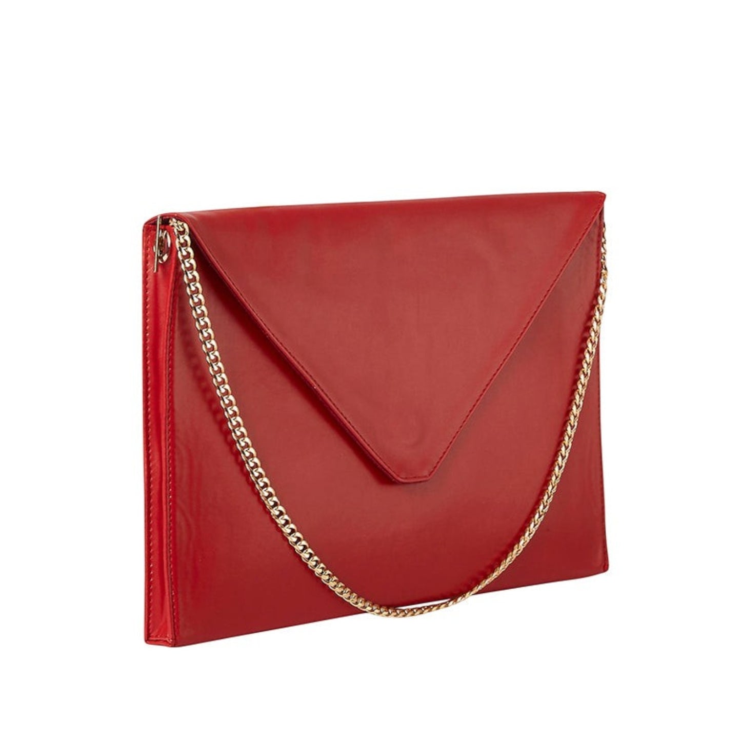 Shop Sarah Stewart red vegan leather Lisa laptop clutch with a gold chain shoulder strap and envelope flap design.