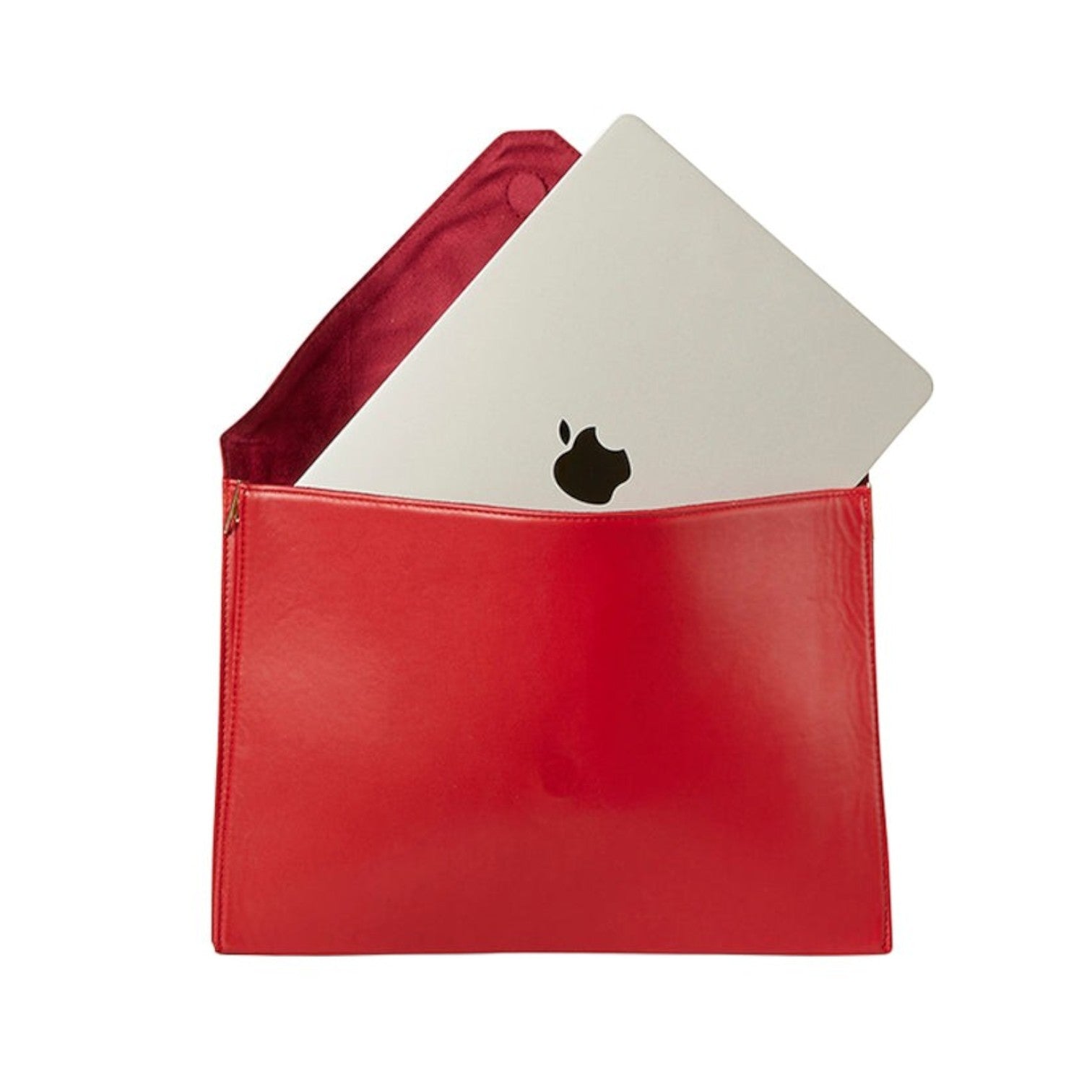 Shop Sarah Stewart red vegan leather laptop clutch with a silver laptop inside and magnetic flap closure