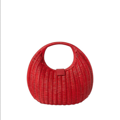 Shop Sarah Stewart red wicker hobo handbag with leather trim and single handle. A stylish summer accessory.