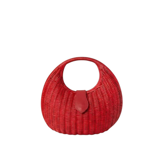 Shop Sarah Stewart red wicker and leather Matilda purse with a curved handle and leather clasp closure.