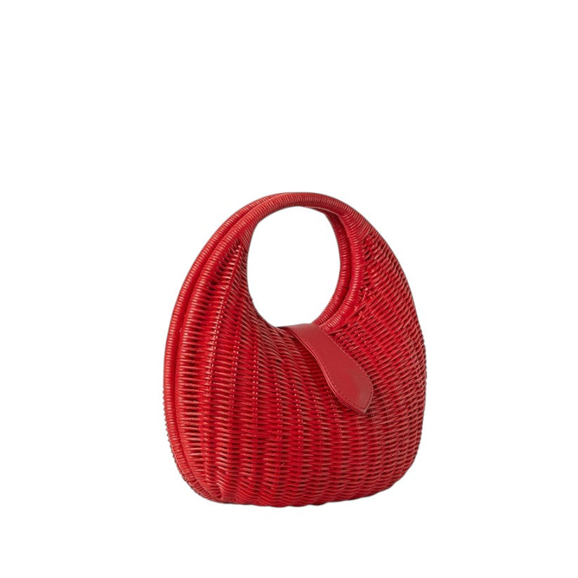 Shop Sarah Stewart red wicker and leather Matilda purse with cotton lining. A modern, relaxed luxury handbag.