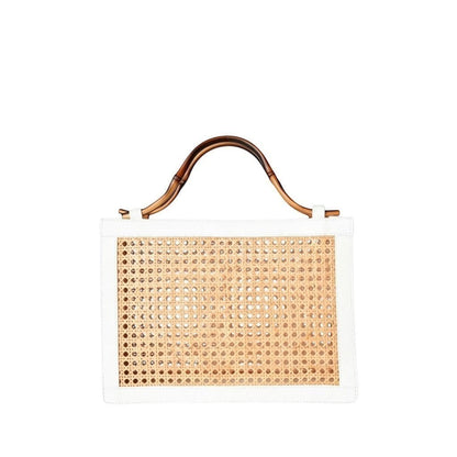 Shop Sarah Stewart The Reece structured wicker handbag with white lambskin leather trim and a bamboo handle.