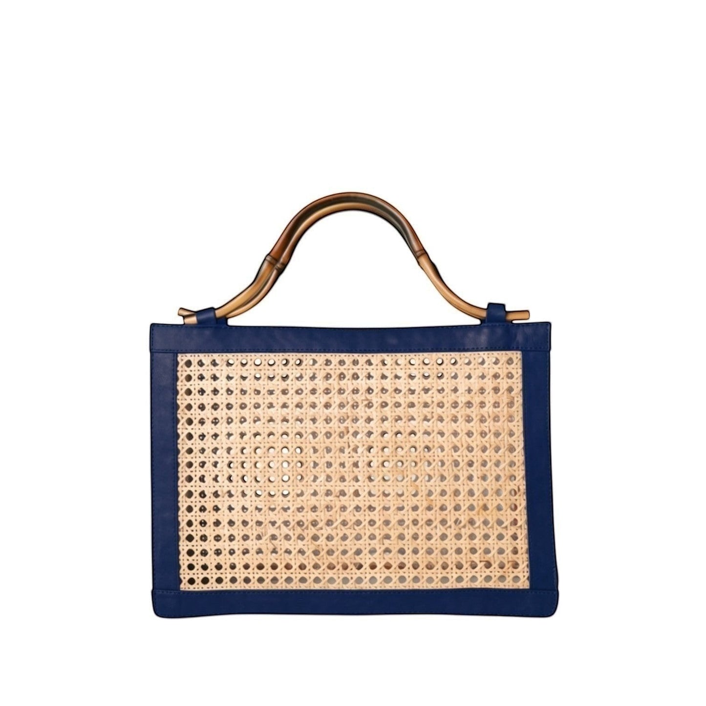 Shop Sarah Stewart The Reece structured handbag in natural wicker with navy lambskin leather and bamboo handle.