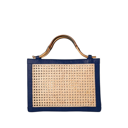 Shop Sarah Stewart The Reece structured handbag in natural wicker with blue lambskin leather and bamboo handle.