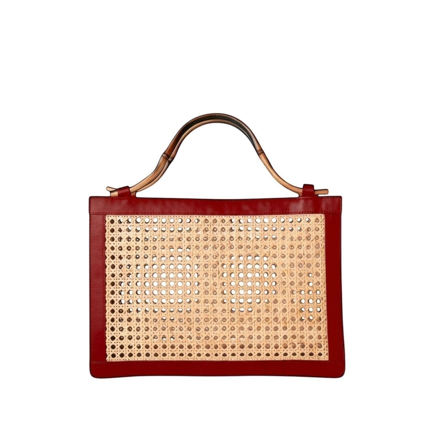 Shop Sarah Stewart The Reece structured handbag in natural wicker with deep red lambskin leather and bamboo handle.