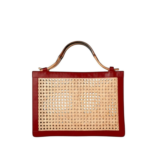Shop Sarah Stewart The Reece structured handbag in natural wicker with deep red lambskin leather and bamboo handle.