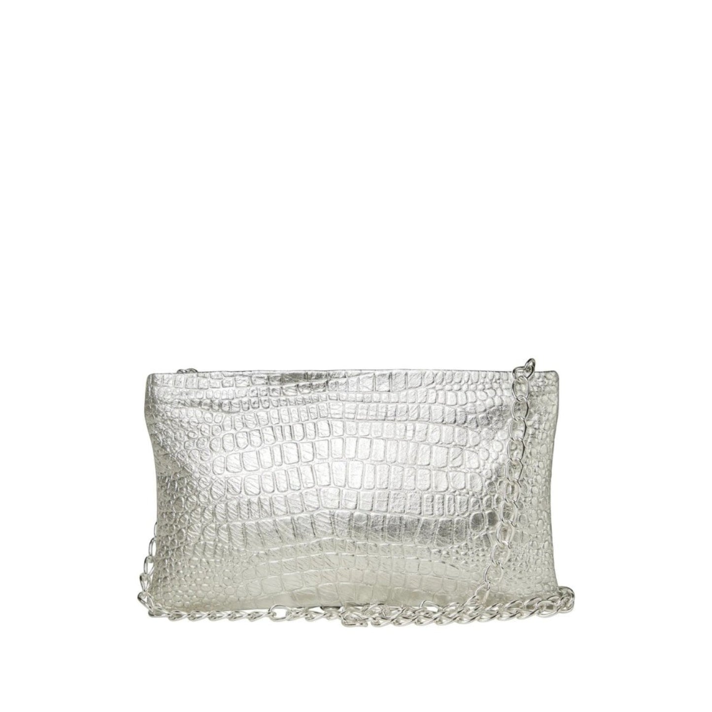 Shop Sarah Stewart Penelope silver croc-embossed lambskin leather clutch with a detachable silver chain strap.
