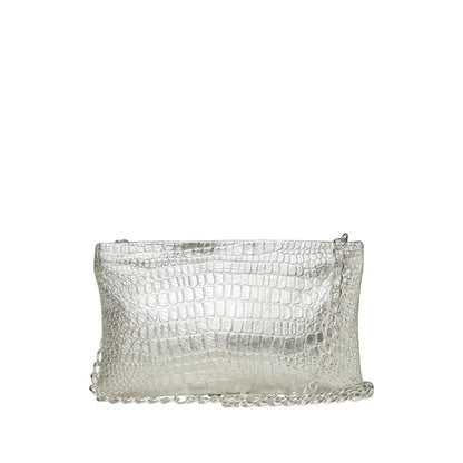 Shop Sarah Stewart Penelope silver croc-embossed lambskin leather clutch with a detachable silver chain strap.