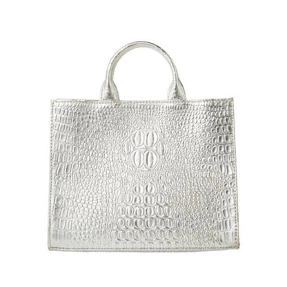 Shop Sarah Stewart Adelaide handbag in metallic silver embossed goat skin leather with a classic structured design.