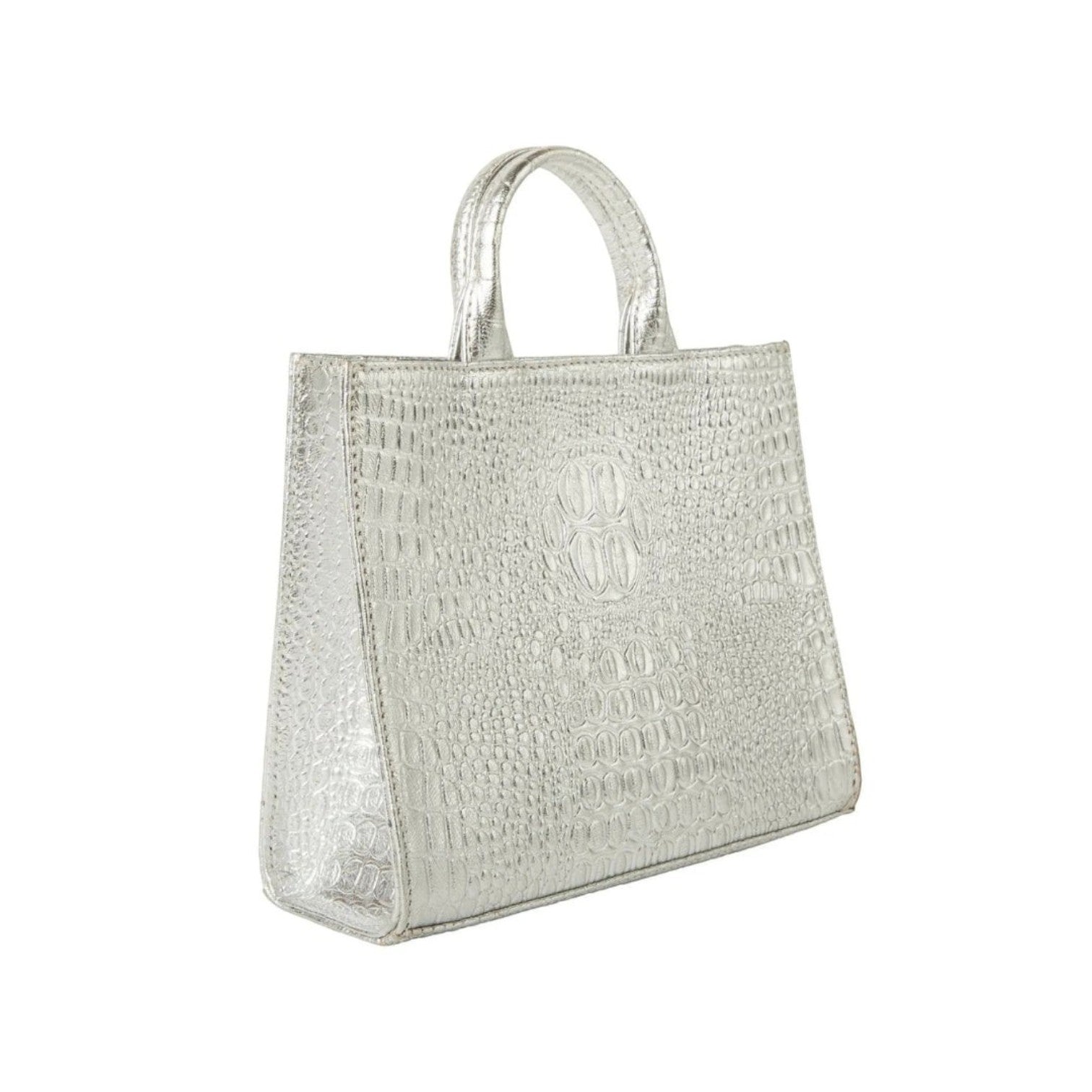 Shop Sarah Stewart silver embossed goat skin leather Adelaide handbag with a classic structured design