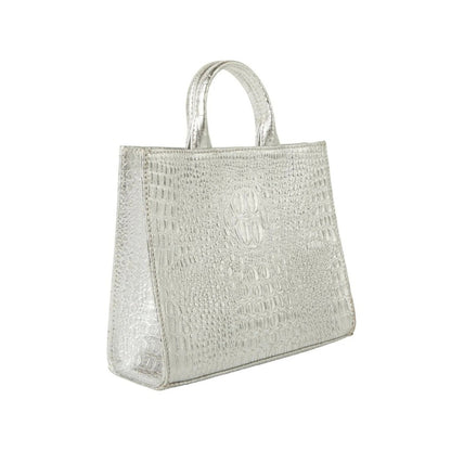 Shop Sarah Stewart silver embossed goat skin leather Adelaide handbag with a classic structured design
