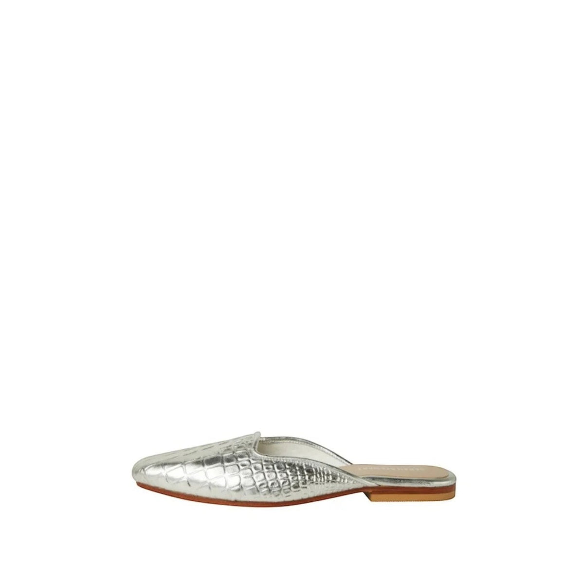 Shop Sarah Stewart Clara mule in metallic silver embossed goat skin leather with a vintage square toe design.