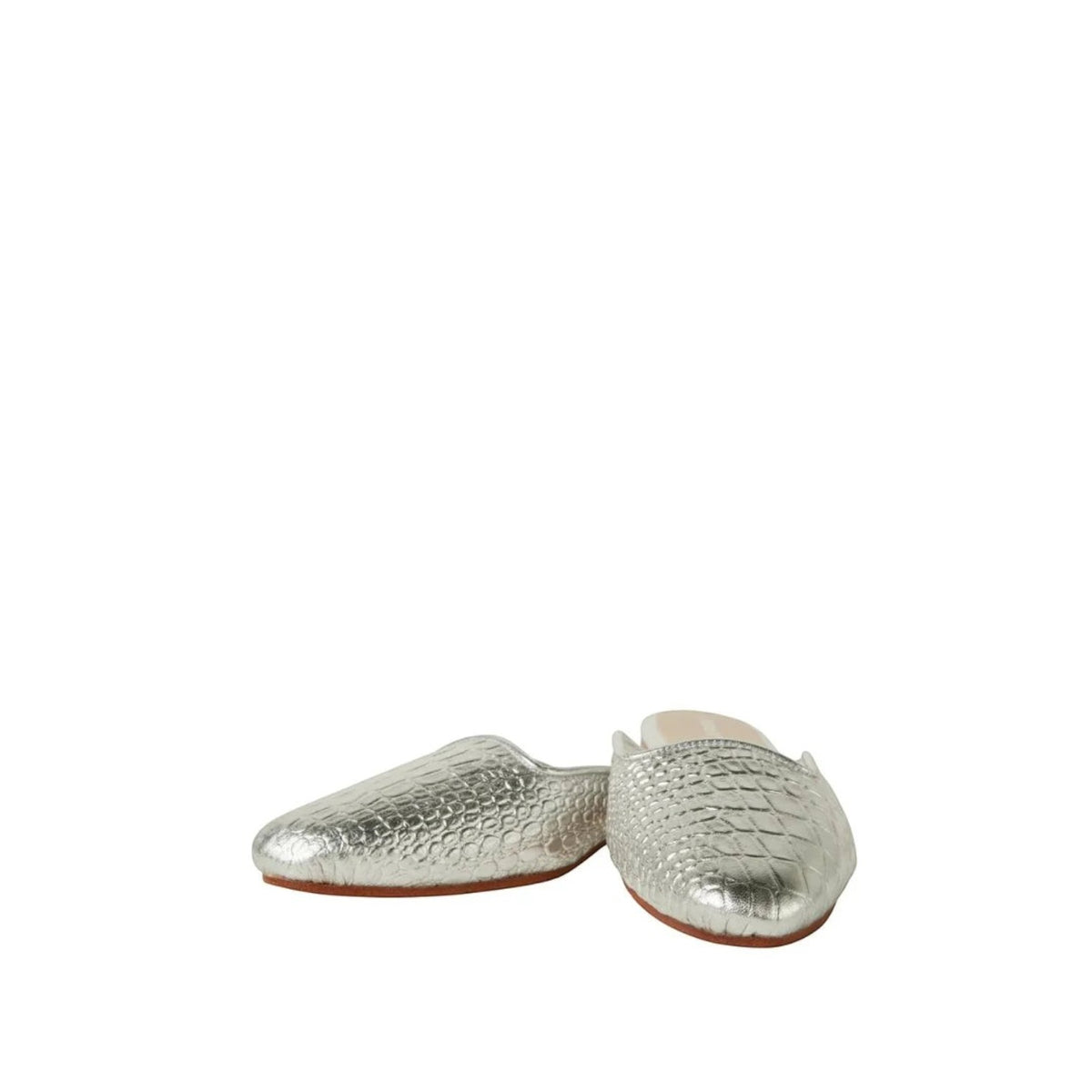 Shop Sarah Stewart Clara mule in silver embossed goat skin leather with a vintage-inspired square toe design.