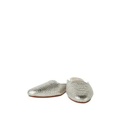 Shop Sarah Stewart Clara mule in silver embossed goat skin leather with a vintage-inspired square toe design.