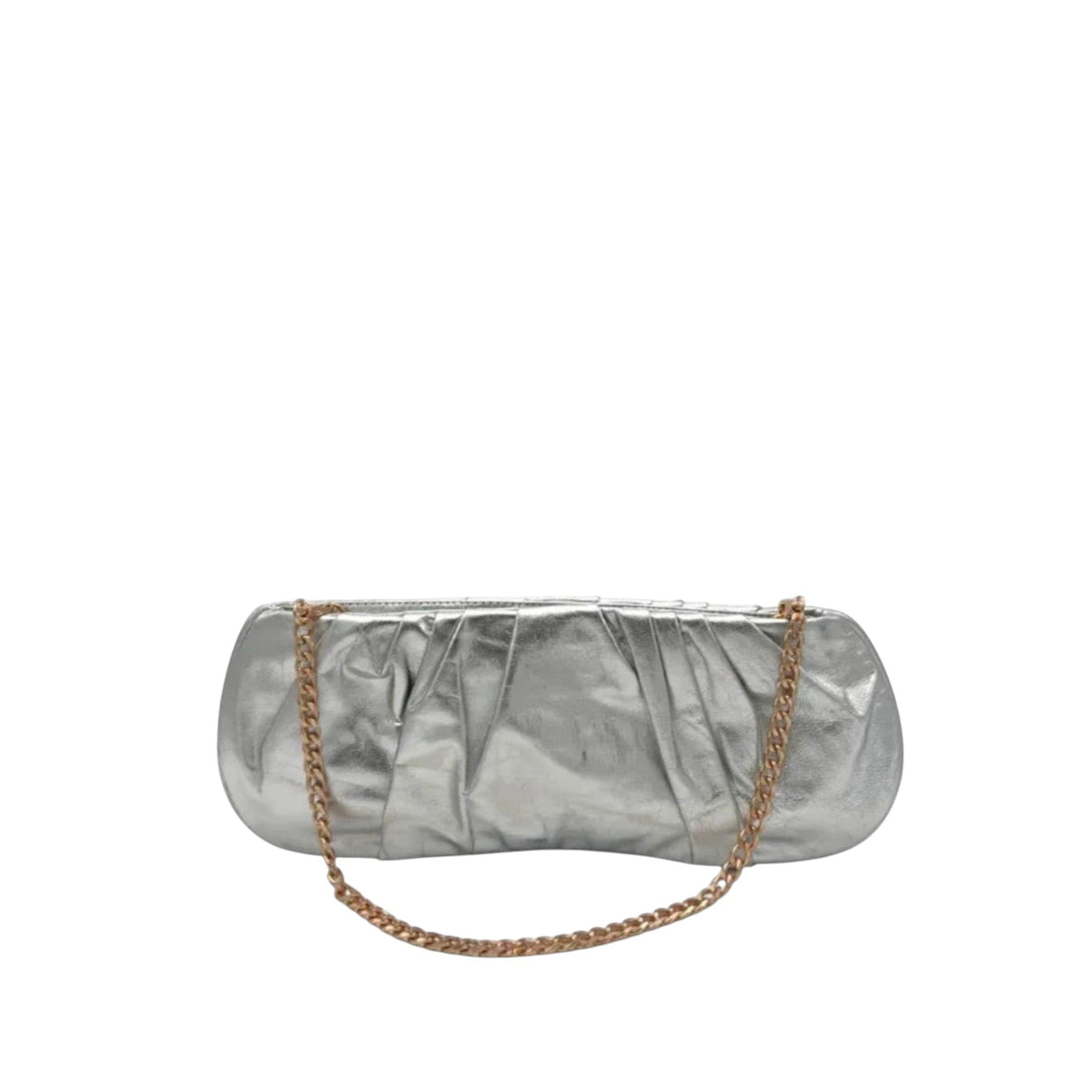 Shop Sarah Stewart Amina pleated silver lambskin leather clutch with a gold-tone chain strap
