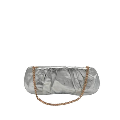 Shop Sarah Stewart Amina pleated silver lambskin leather clutch with a gold-tone chain strap
