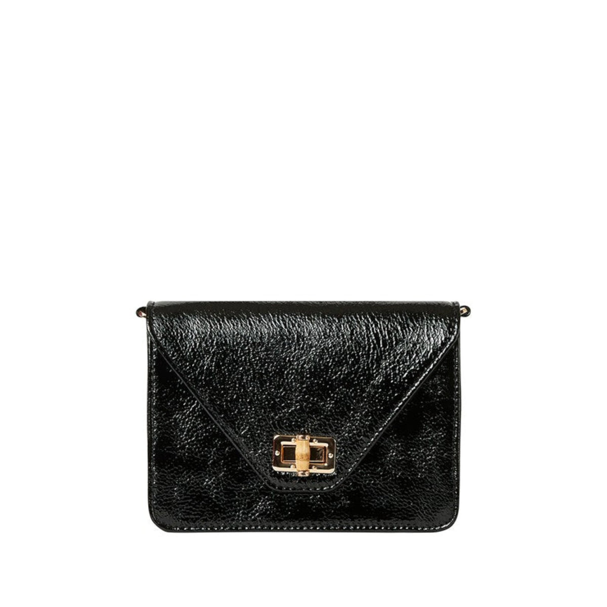 Shop Sarah Stewart The Stacey Patent black crinkled lambskin leather shoulder bag with bamboo and metal closure.