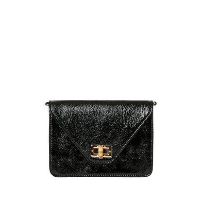 Shop Sarah Stewart The Stacey Patent black crinkled lambskin leather shoulder bag with bamboo and metal closure.
