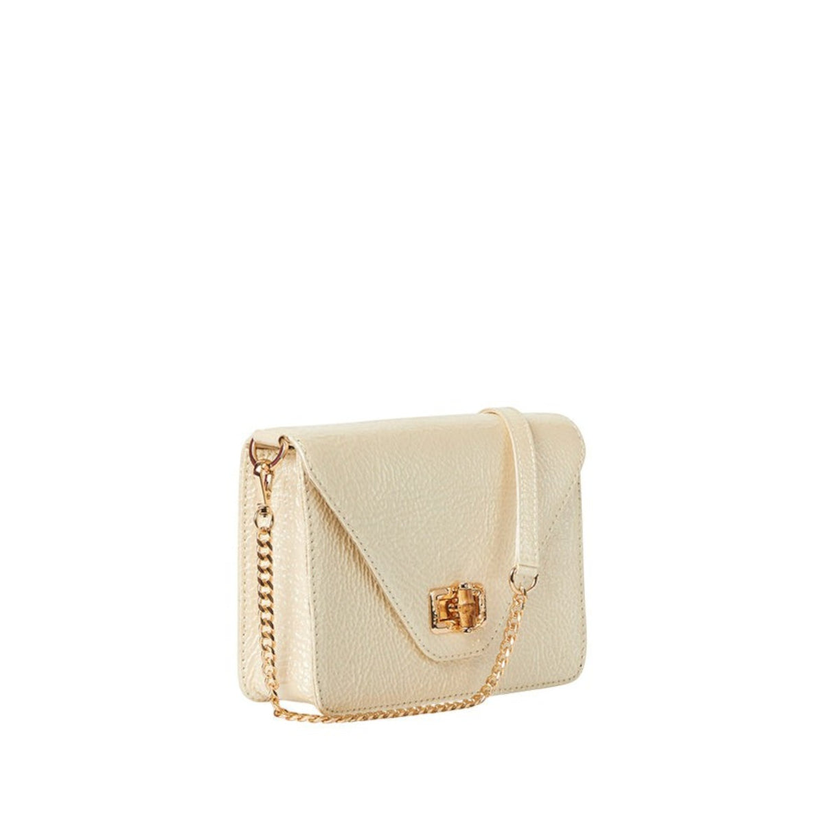 Shop Sarah Stewart The Stacey Patent cream crinkled lambskin shoulder bag with bamboo closure and gold chain strap