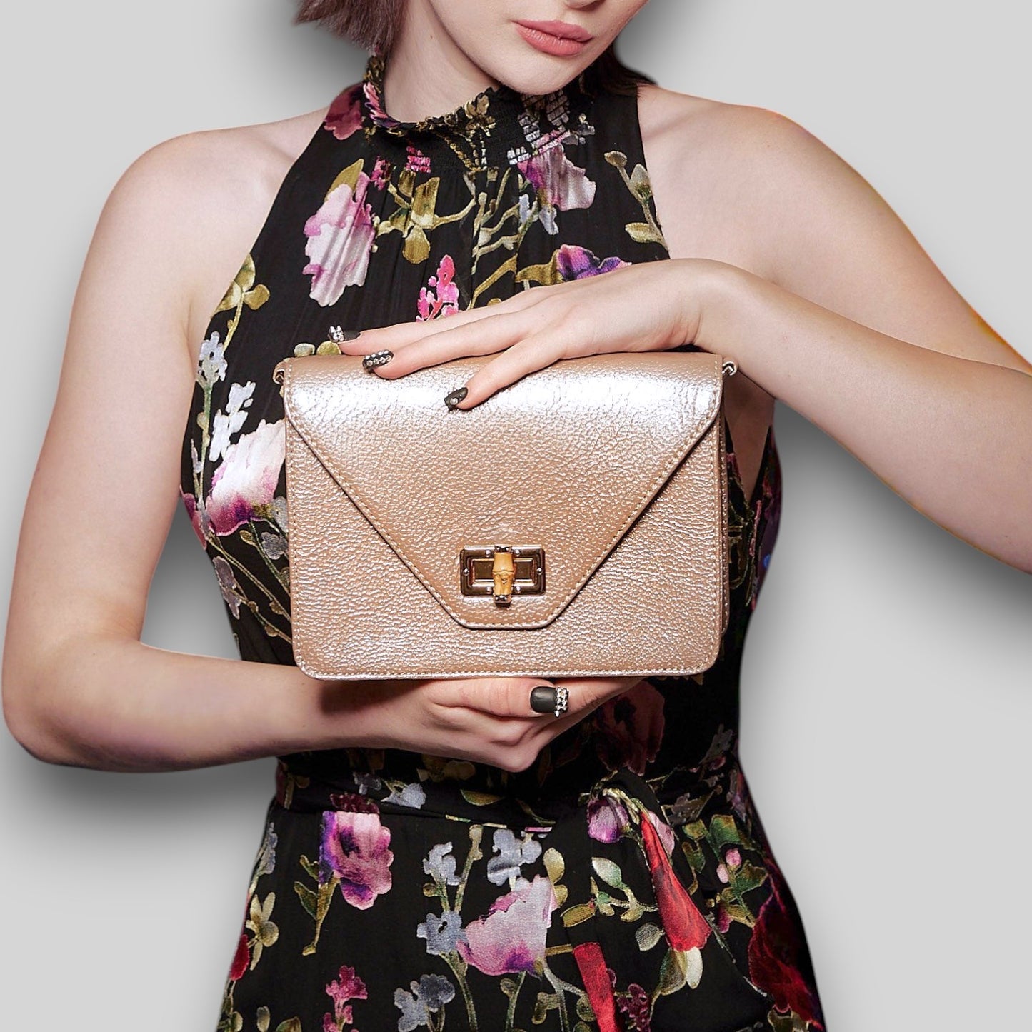 Shop Sarah Stewart The Stacey Patent bag in metallic crinkled lambskin with bamboo and metal hardware closure