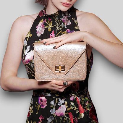 Shop Sarah Stewart The Stacey Patent bag in metallic crinkled lambskin with bamboo and metal hardware closure
