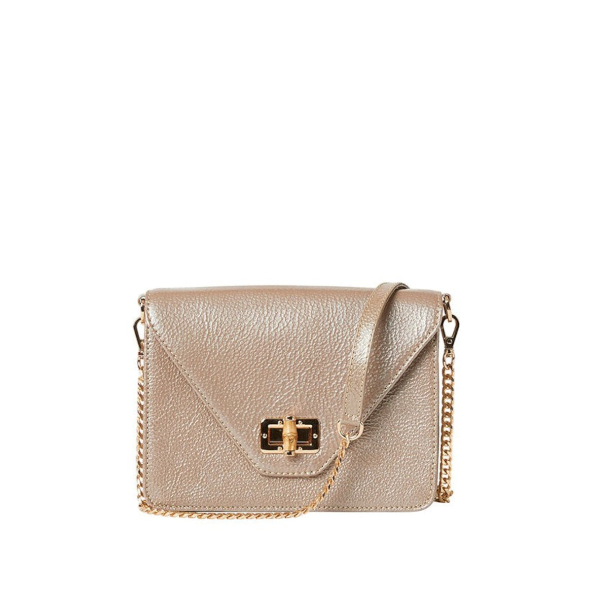 Shop Sarah Stewart The Stacey Patent metallic crinkled lambskin shoulder bag with bamboo and metal hardware closure
