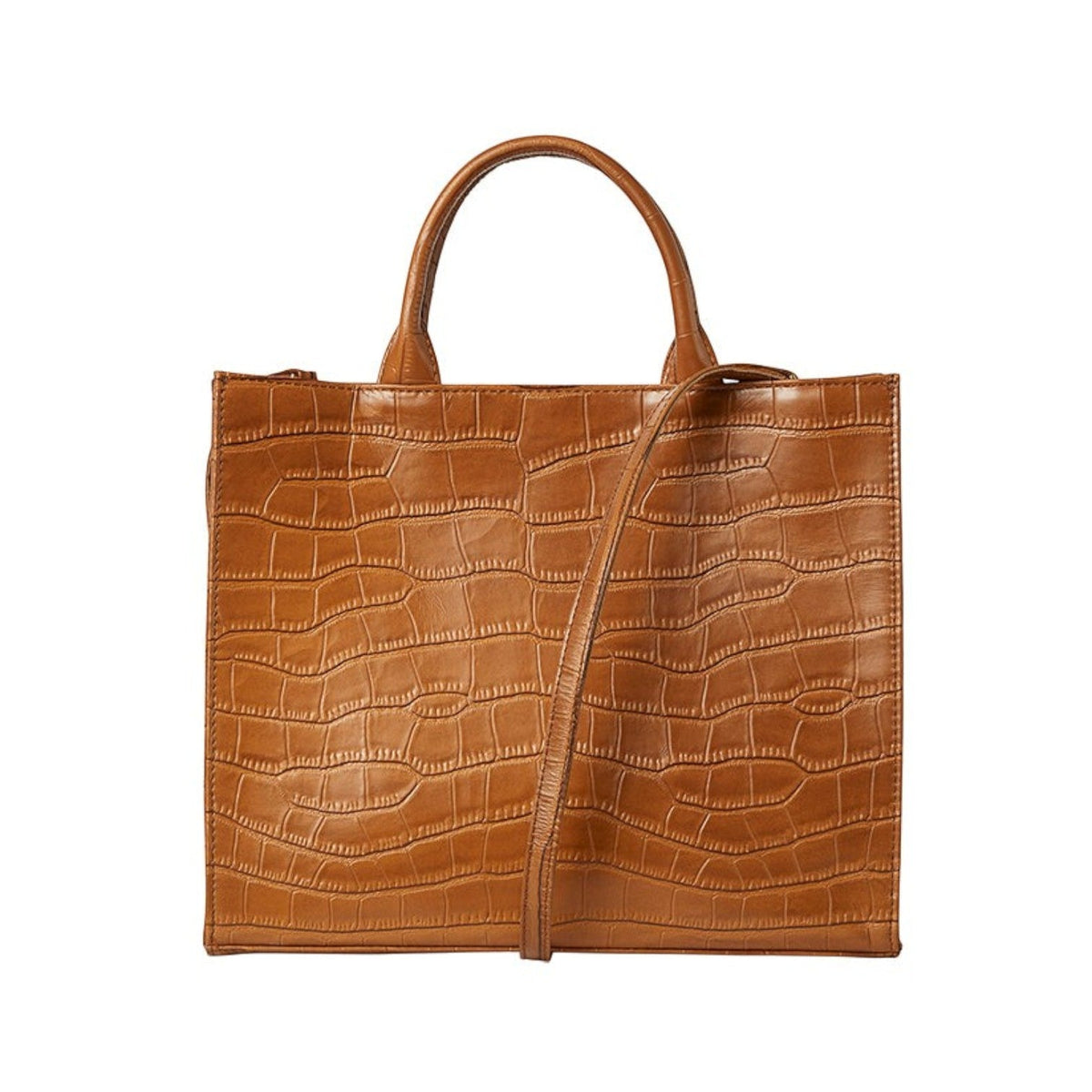Shop Sarah Stewart Adele handbag in tan embossed croc lambskin leather with structured frame and shoulder strap.