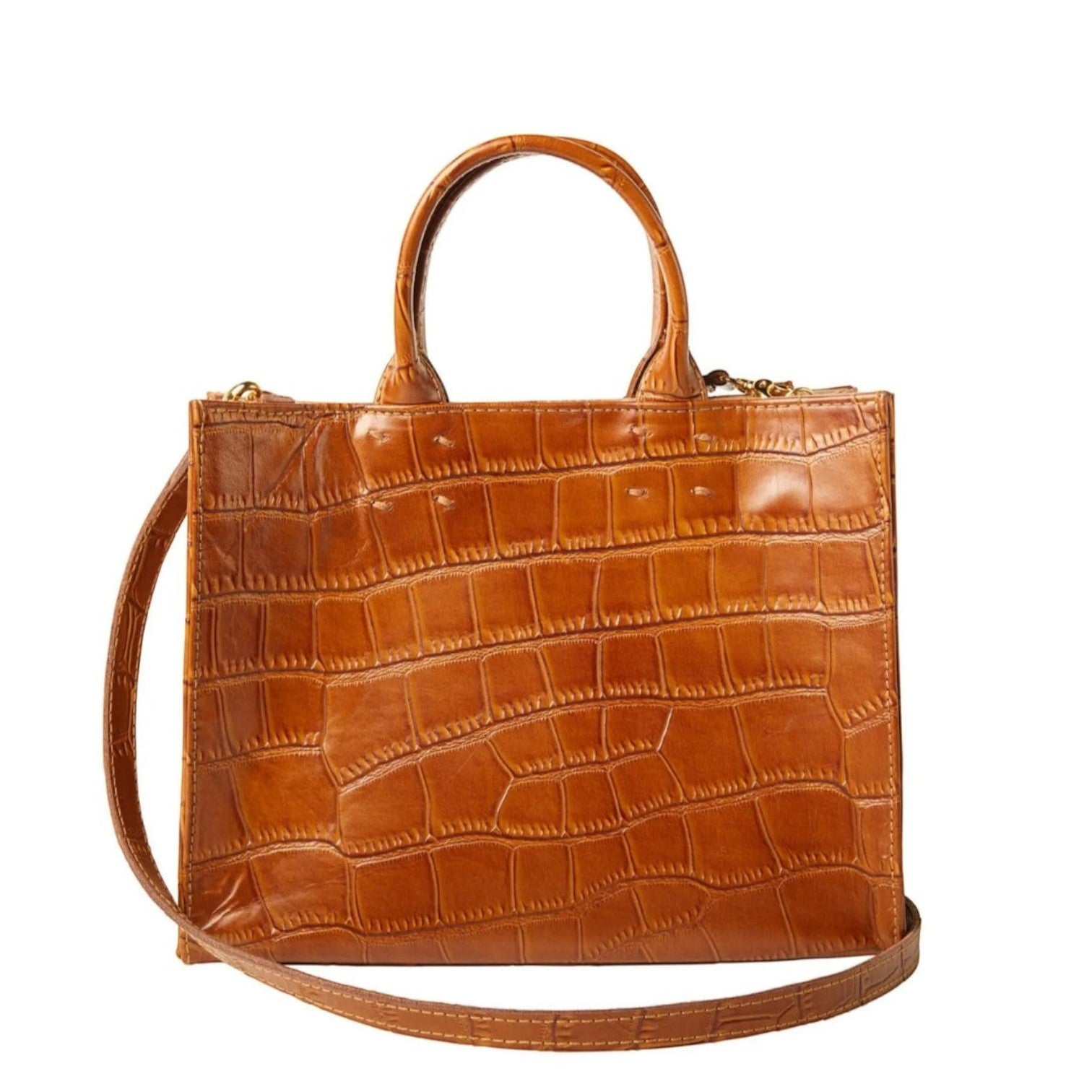 Shop Sarah Stewart Adelaide handbag in tan embossed goat skin leather with a detachable crossbody strap