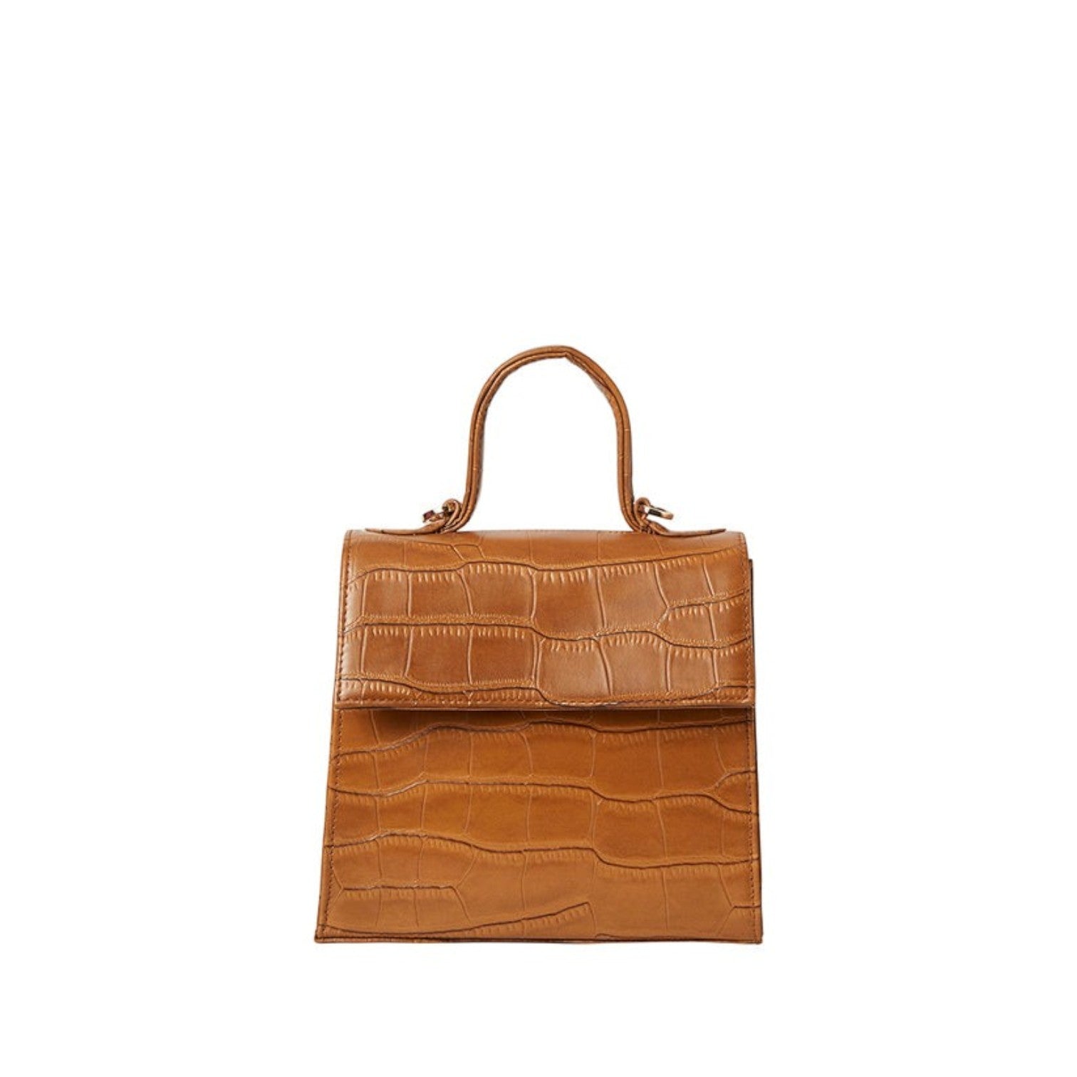 Shop Sarah Stewart tan goat skin leather handbag with a crocodile pattern and gold hardware details.