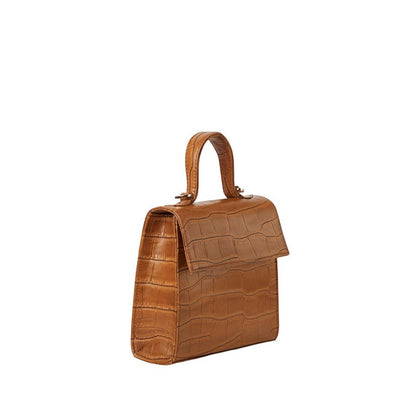 Shop Sarah Stewart The Robin tan goat skin leather handbag with crocodile pattern and gold hardware side view