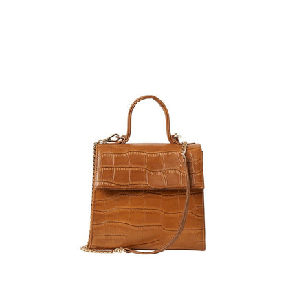 Shop Sarah Stewart The Robin tan goat skin leather handbag with crocodile pattern and gold chain crossbody strap