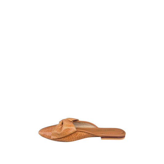 Shop Sarah Stewart Beverly Bow Mule in tan lizard-embossed patent leather with a decorative front bow detail