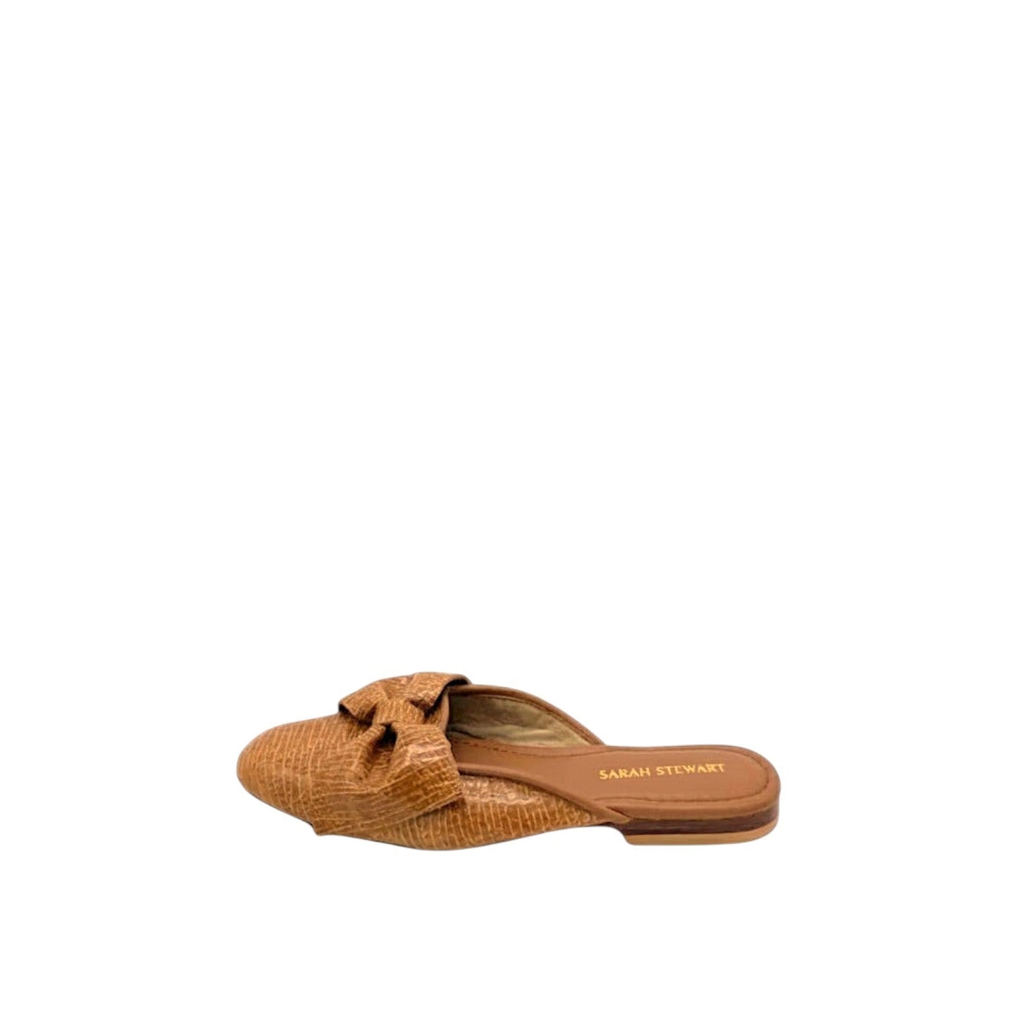Shop Sarah Stewart Beverly Bow Mule in tan lizard-embossed patent leather with a decorative bow detail
