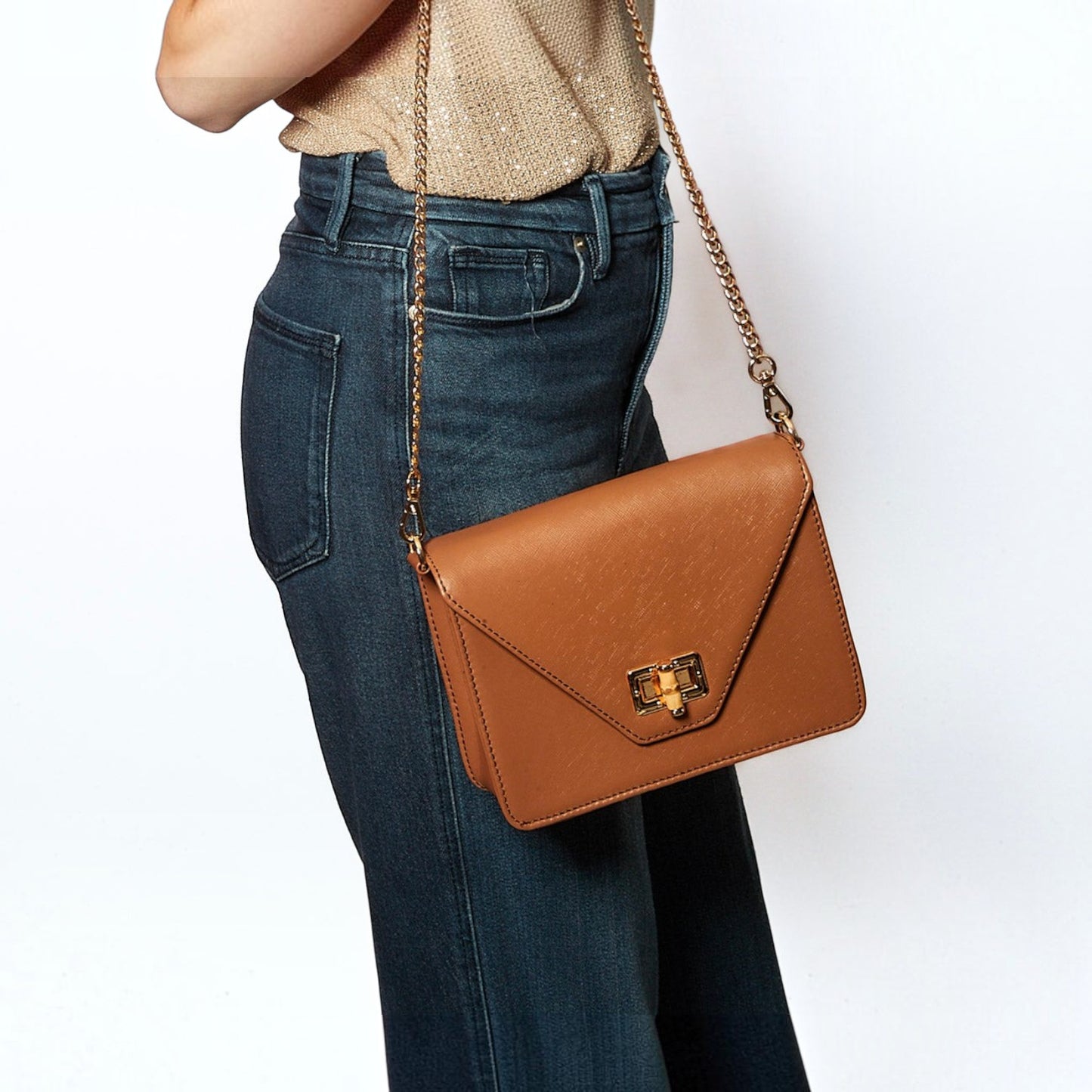 Shop Sarah Stewart The Stacey Stefano tan saffiano leather shoulder bag with bamboo hardware and gold chain strap