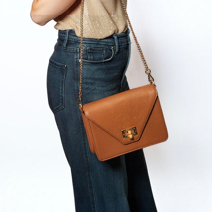 Shop Sarah Stewart The Stacey Stefano tan saffiano leather shoulder bag with bamboo hardware and gold chain strap