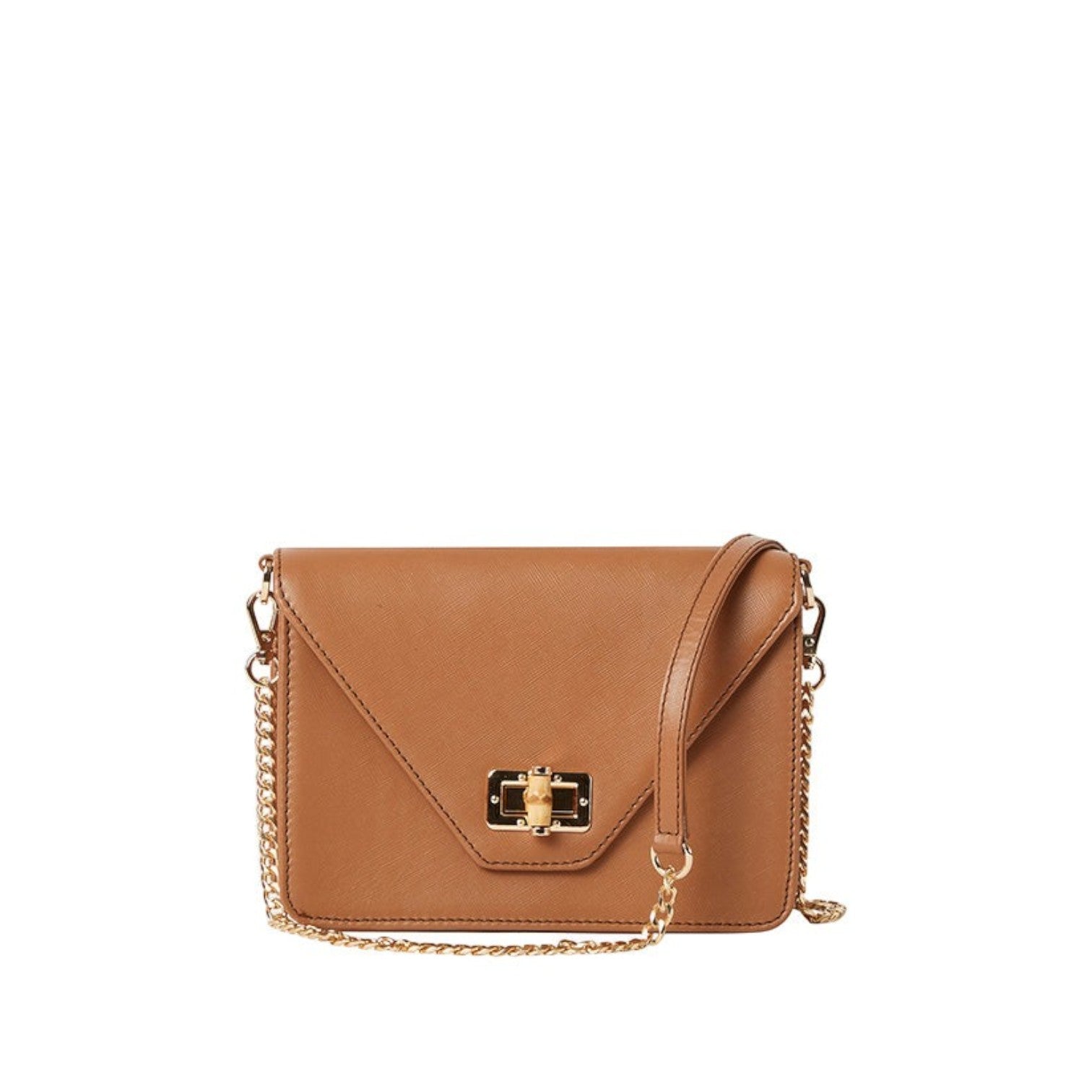 Shop Sarah Stewart The Stacey Stefano tan saffiano leather shoulder bag with bamboo and gold metal hardware closure