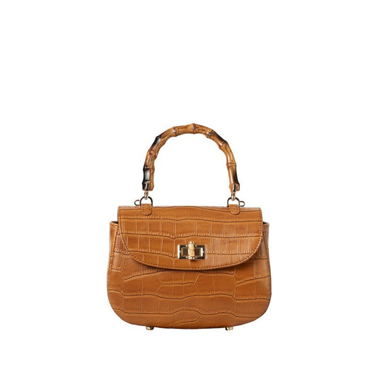 Shop Sarah Stewart Chloe handbag in tan embossed goat skin suede with a bamboo handle and gold hardware closure.