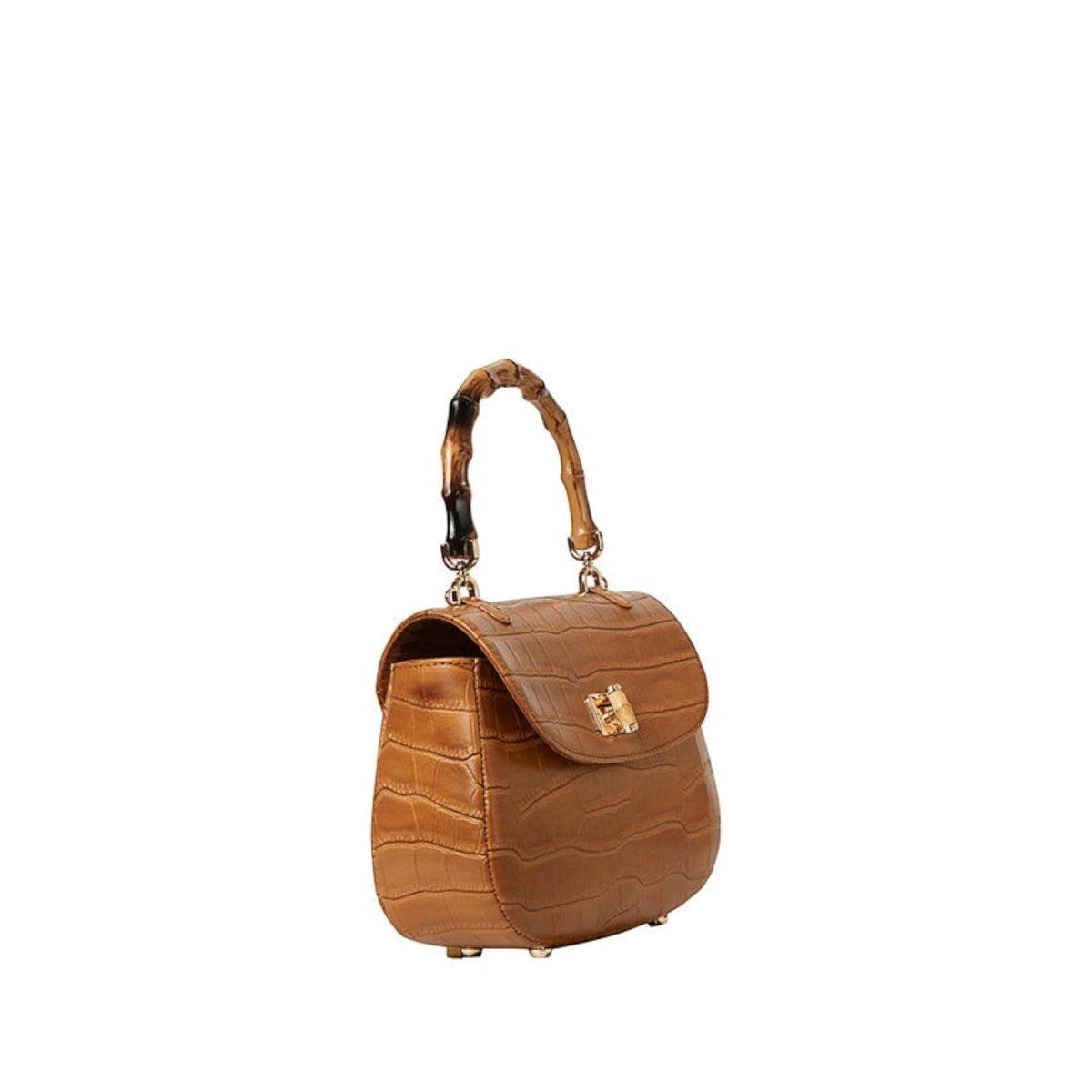 Shop Sarah Stewart Chloe handbag in tan embossed goat skin suede with a bamboo handle and gold closure