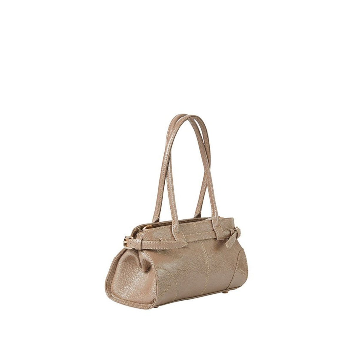 Shop Sarah Stewart The Paris lambskin shoulder bag in taupe with metal hardware and suede lining side view