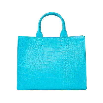 Shop Sarah Stewart Adelaide handbag in bright turquoise embossed goat skin leather with a classic tote silhouette.