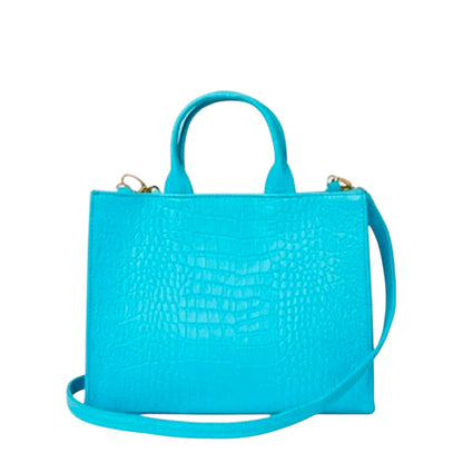 Shop Sarah Stewart Adele handbag in bright turquoise embossed croc lambskin leather with a detachable shoulder strap.