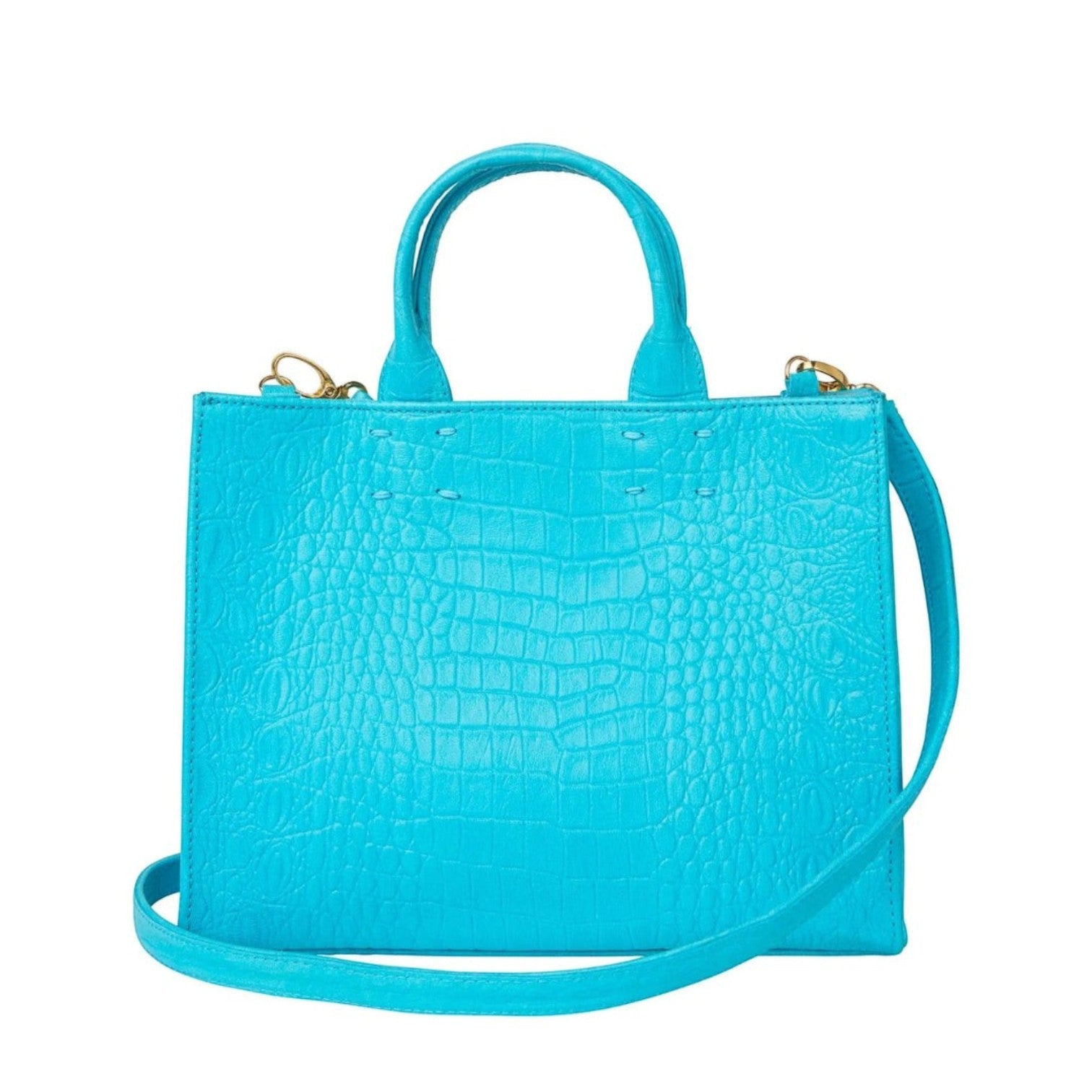 Shop Sarah Stewart Adelaide handbag in bright turquoise embossed goat skin leather with a detachable crossbody strap