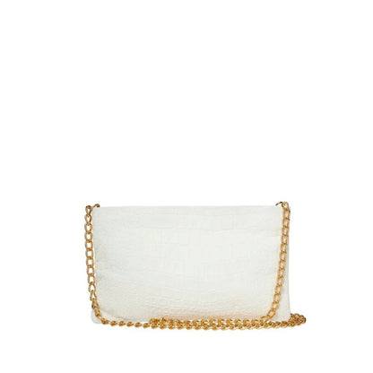 Shop Sarah Stewart white lambskin leather clutch with a croc-embossed texture and a gold chain shoulder strap.