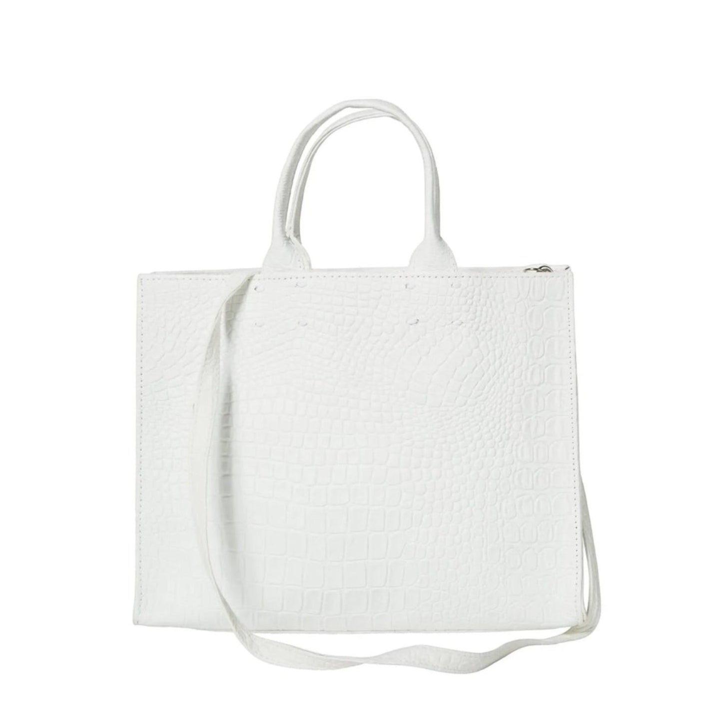 Shop Sarah Stewart white Adelaide handbag in embossed goat skin leather with a detachable crossbody strap