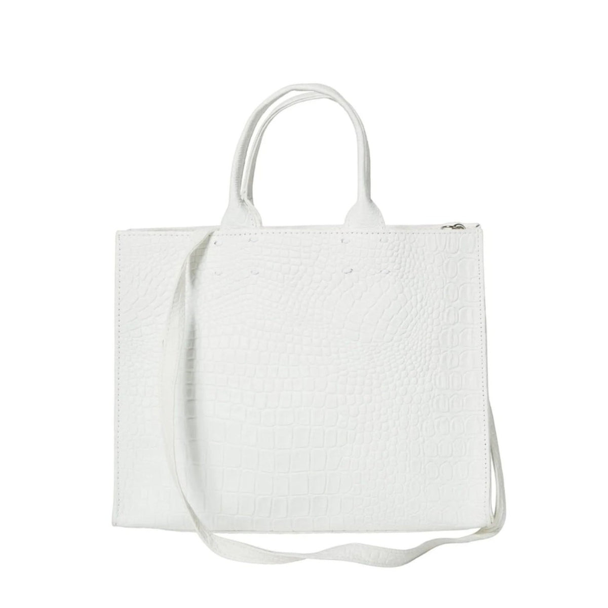 Shop Sarah Stewart white Adelaide handbag in embossed goat skin leather with a detachable crossbody strap