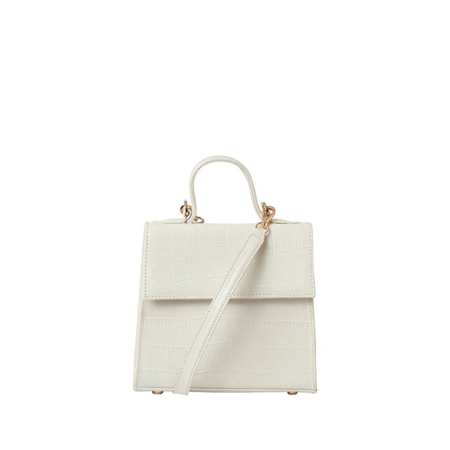Shop Sarah Stewart white goat skin leather handbag with crocodile pattern and gold hardware details.