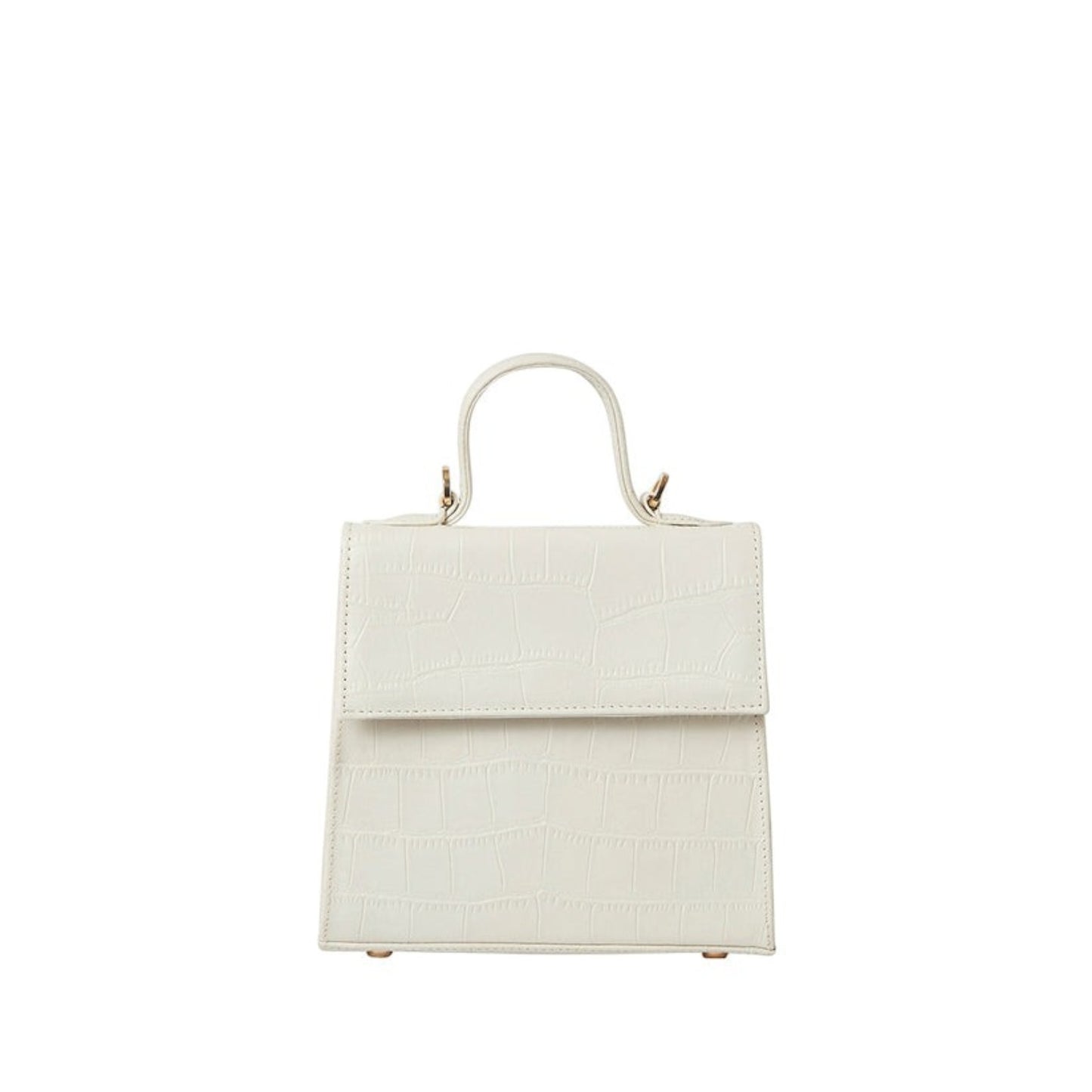 Shop Sarah Stewart white goat skin leather handbag with crocodile pattern and gold hardware details.