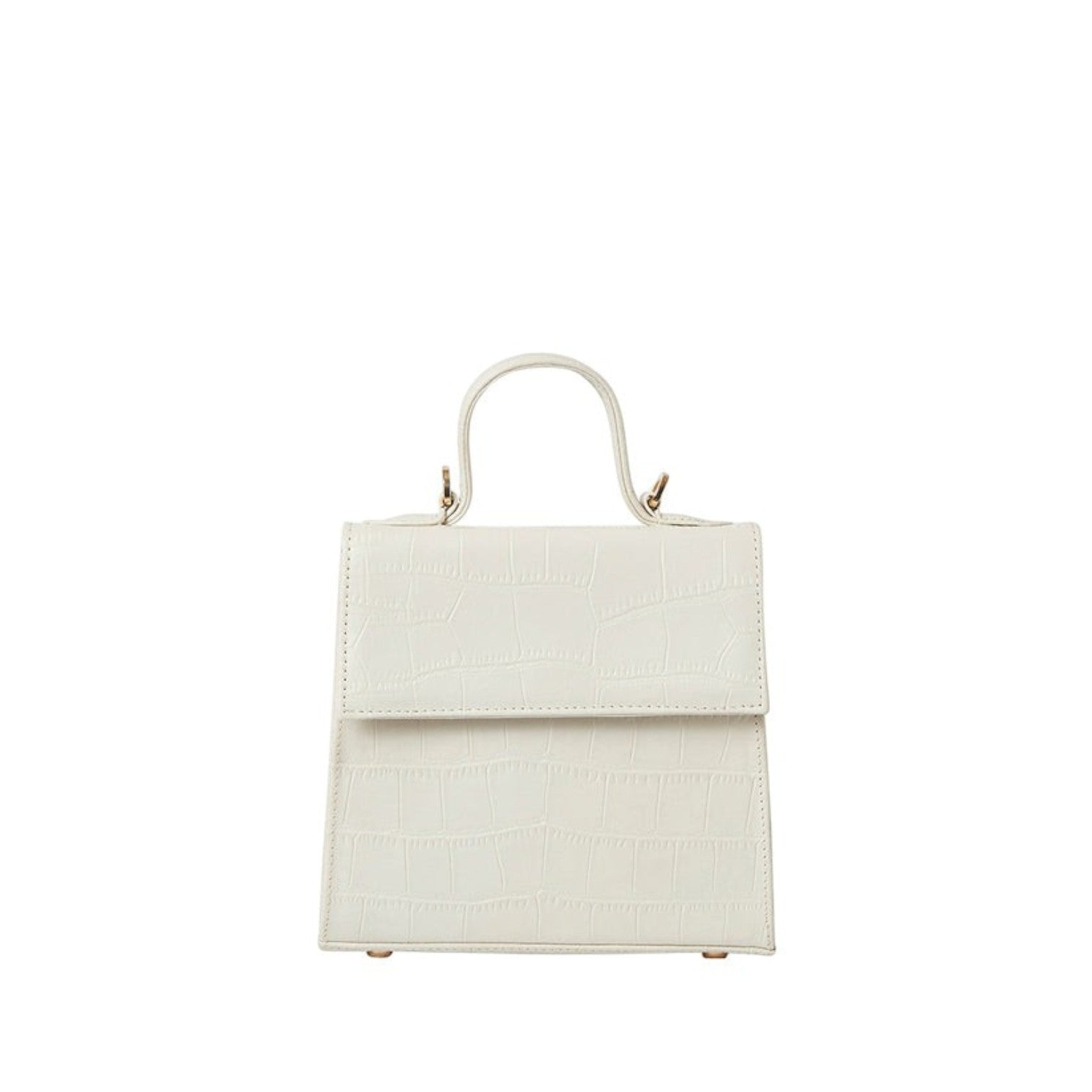 Shop Sarah Stewart white goat skin leather handbag with crocodile pattern and gold hardware details.